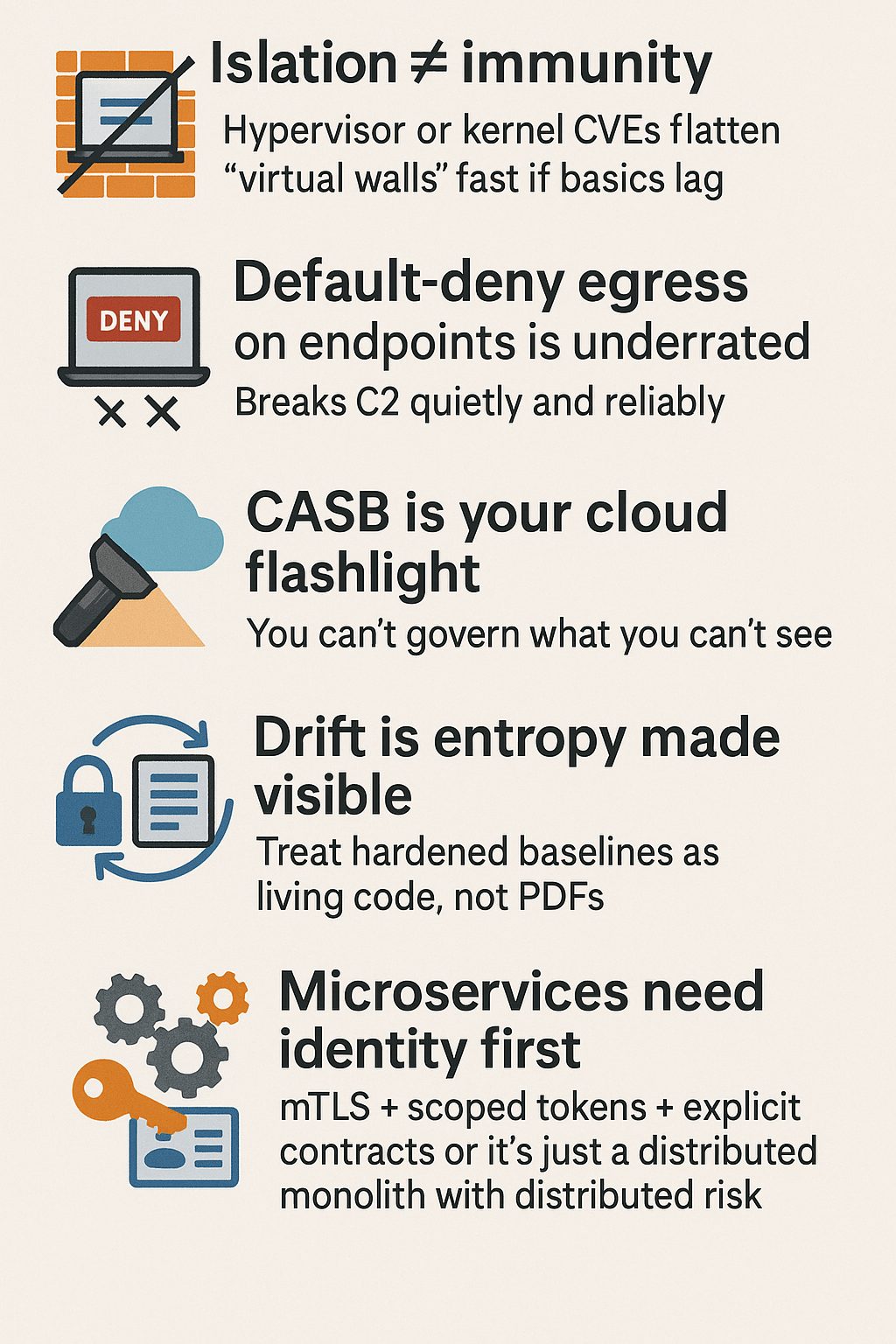 Domain 3 cheat sheet — isolation, egress, CASB, drift, microservices identity