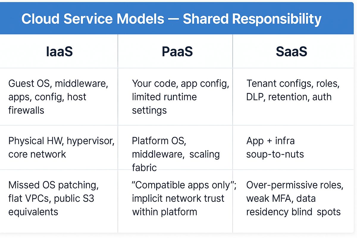 Cloud service models shared responsibility matrix — IaaS, PaaS, SaaS